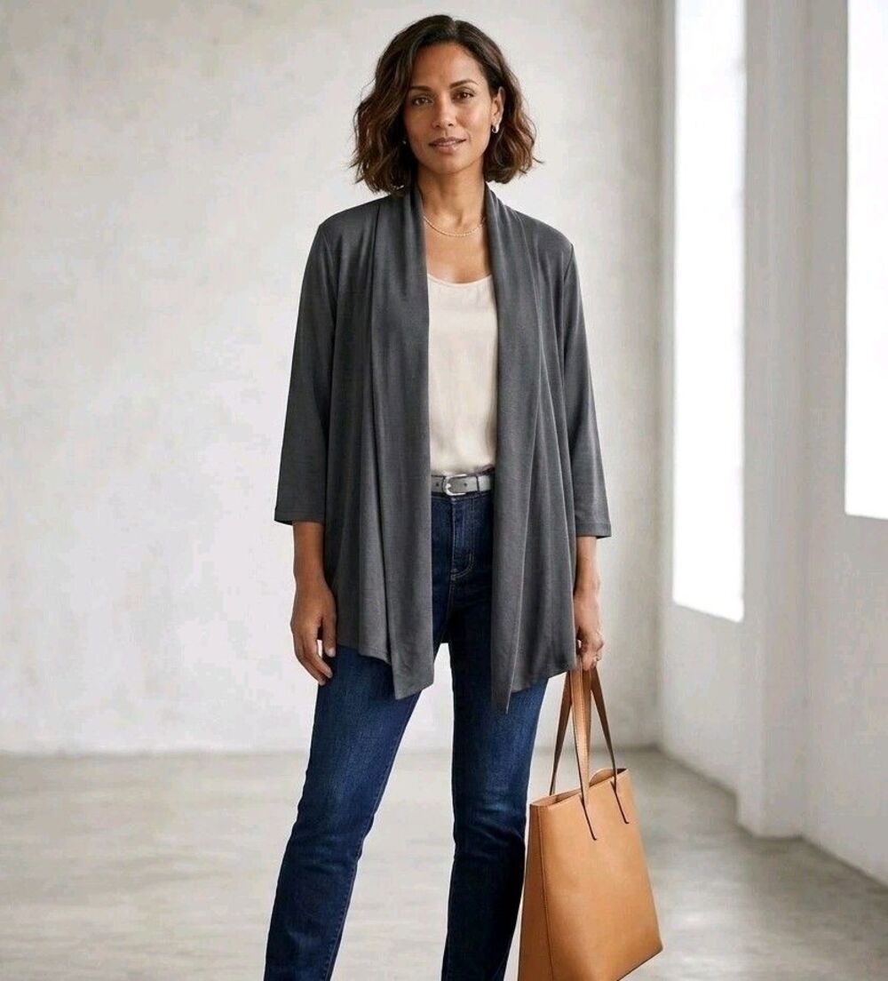 J. Jill  Open Front Cardigan Petite Large Gray Stretch Jersey Sweater PL